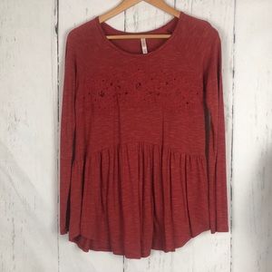 Xhilaration Top Women Medium Long Sleeve Lace Detail Peplum Scoop Neck Casual